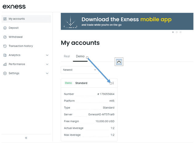 click on “trade” to continue using the main Exness platform