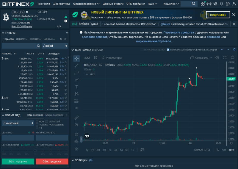Интерфейс терминала Битфинекс Интерфейс терминала Битфинекс