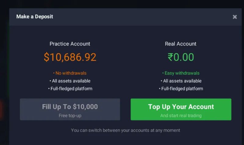IQ Option Demo to real transition