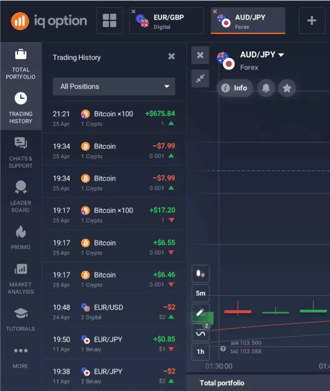 IQ Option Trading history with profit and loss statements 