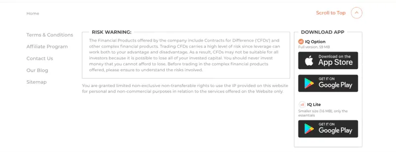 Risk Disclosure and selection of apps: IQ Option